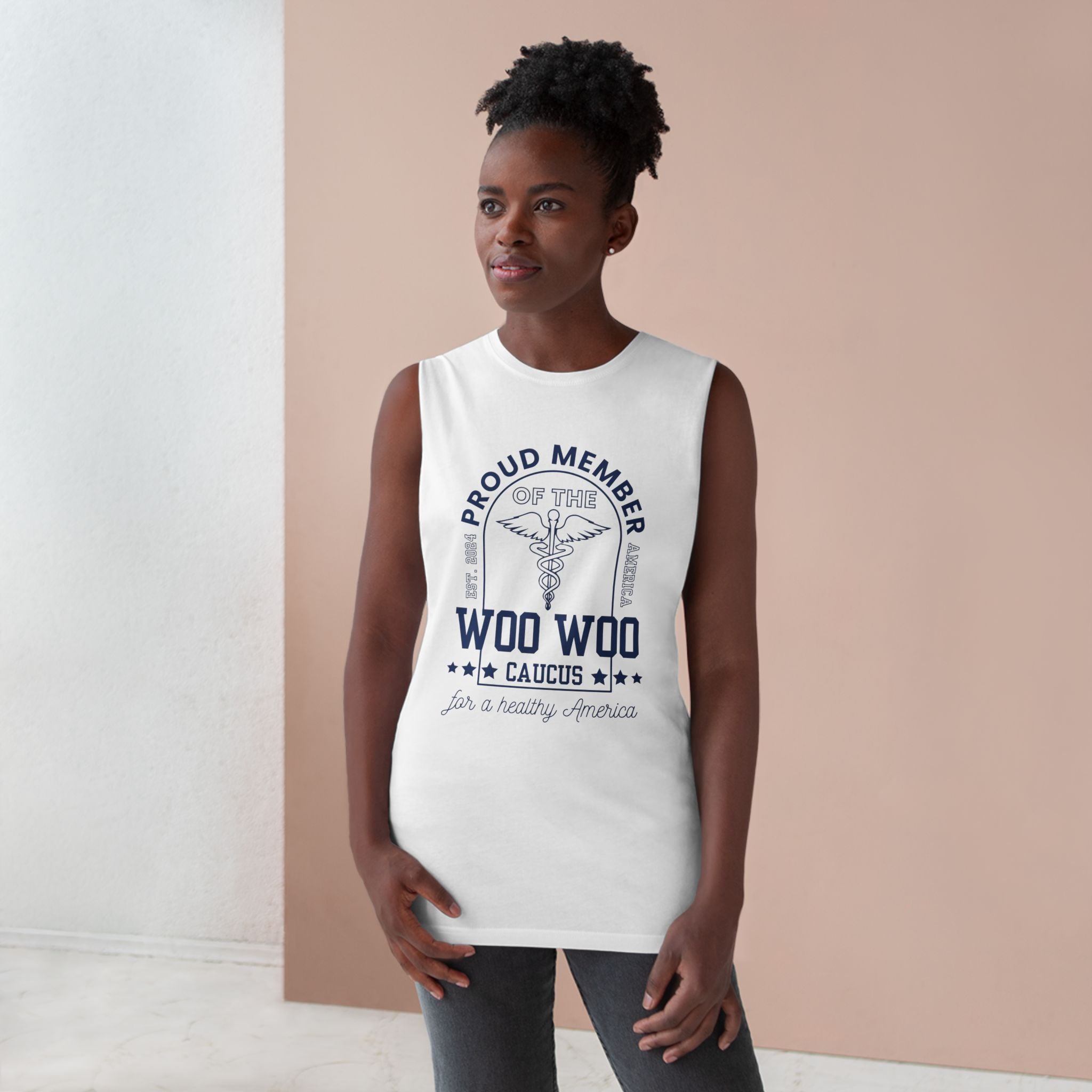 Proud Member of the Woo Woo Caucus - Unisex Muscle Tee, Navy Ivy & Fields