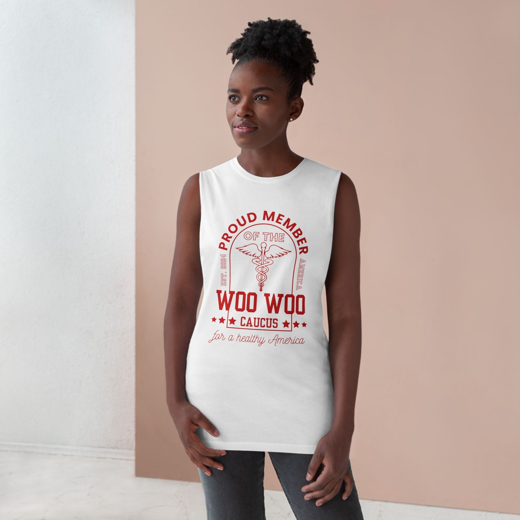 Proud Member of the Woo Woo Caucus - Unisex Muscle Tee, Red Ivy & Fields
