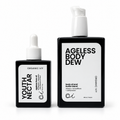 Organic Ivy Ageless Duo: Youth Nectar face oil in a black square glass dropper bottle beside the taller Ageless Body Dew body oil in a black square glass pump bottle, both with white labels.