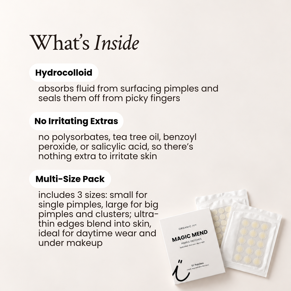 What's inside Magic Mend: plain hydrocolloid in small, large, and ultra-thin invisible edge patches
