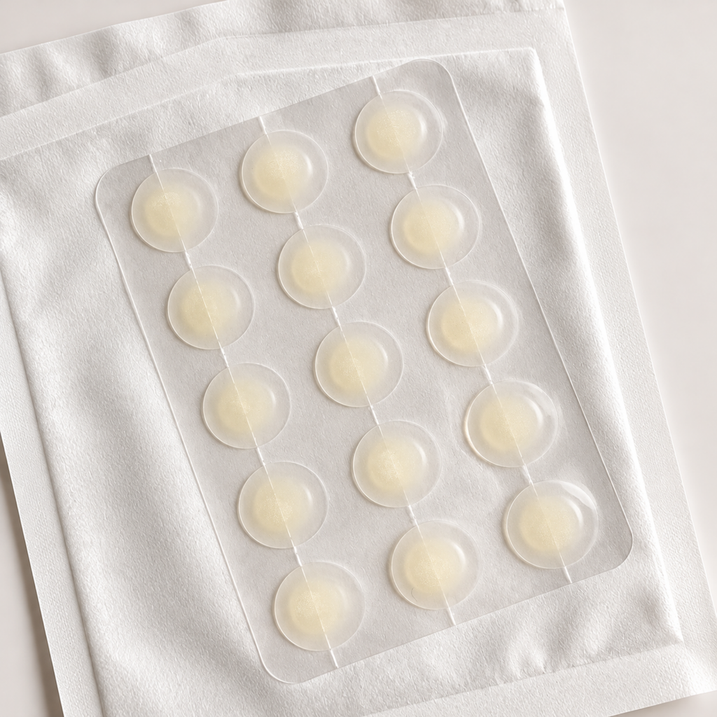 Close-up of ultra-thin invisible edge hydrocolloid pimple patches on a sheet