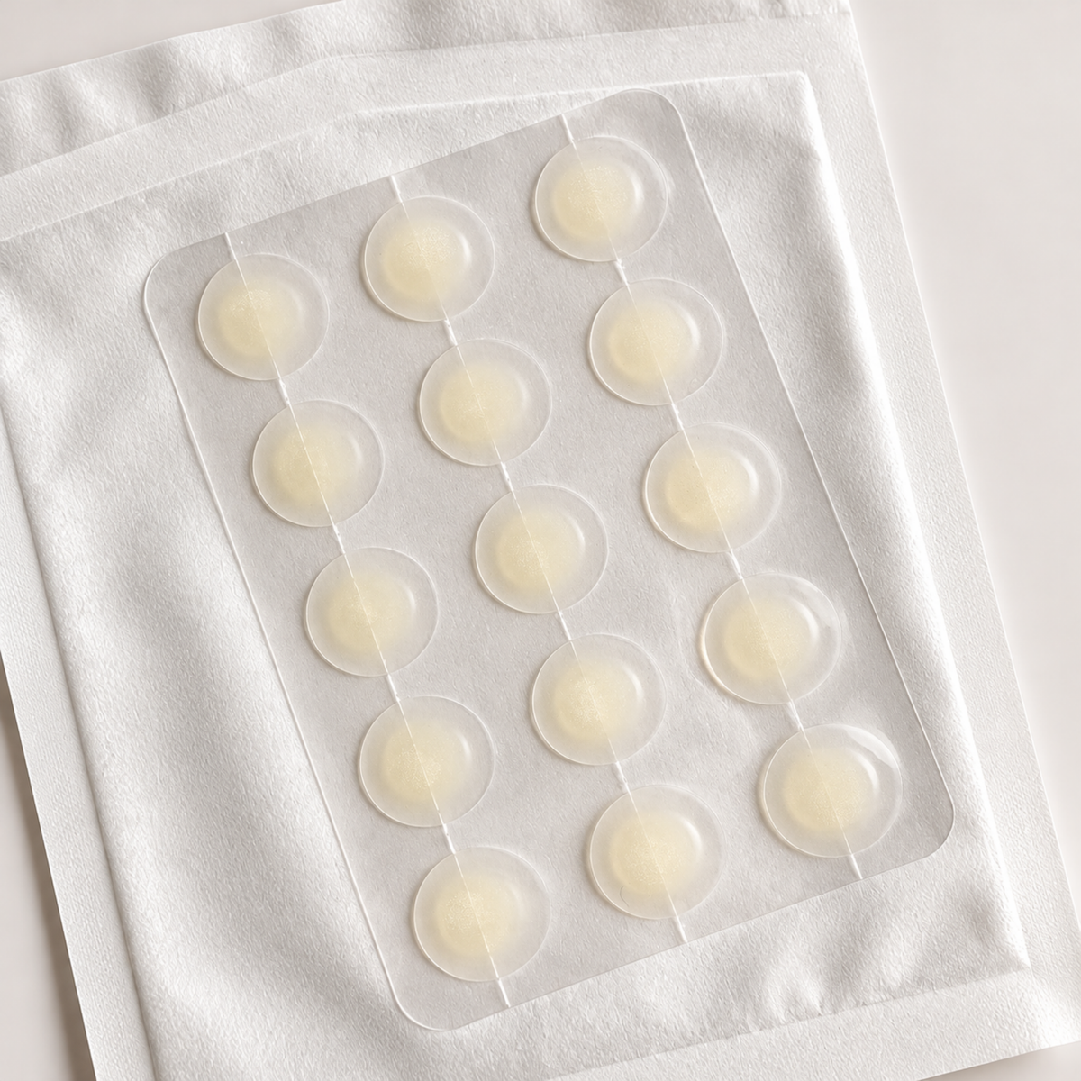 Close-up of ultra-thin invisible edge hydrocolloid pimple patches on a sheet