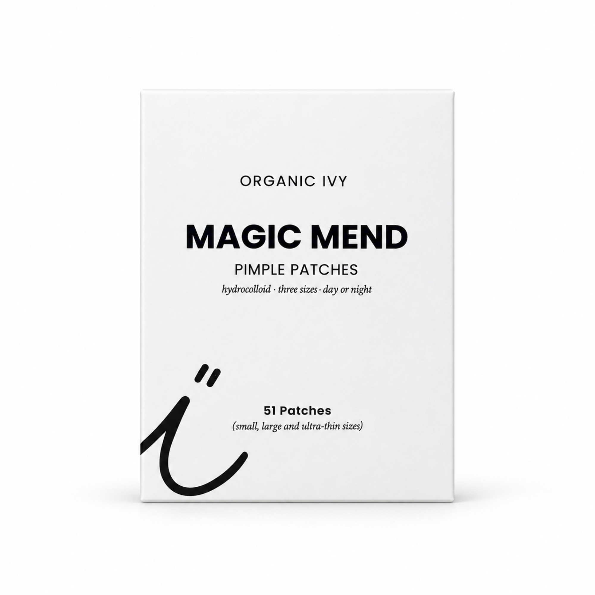 Magic Mend hydrocolloid pimple patches box by Organic Ivy, 51 patches in small, large, and ultra-thin sizes