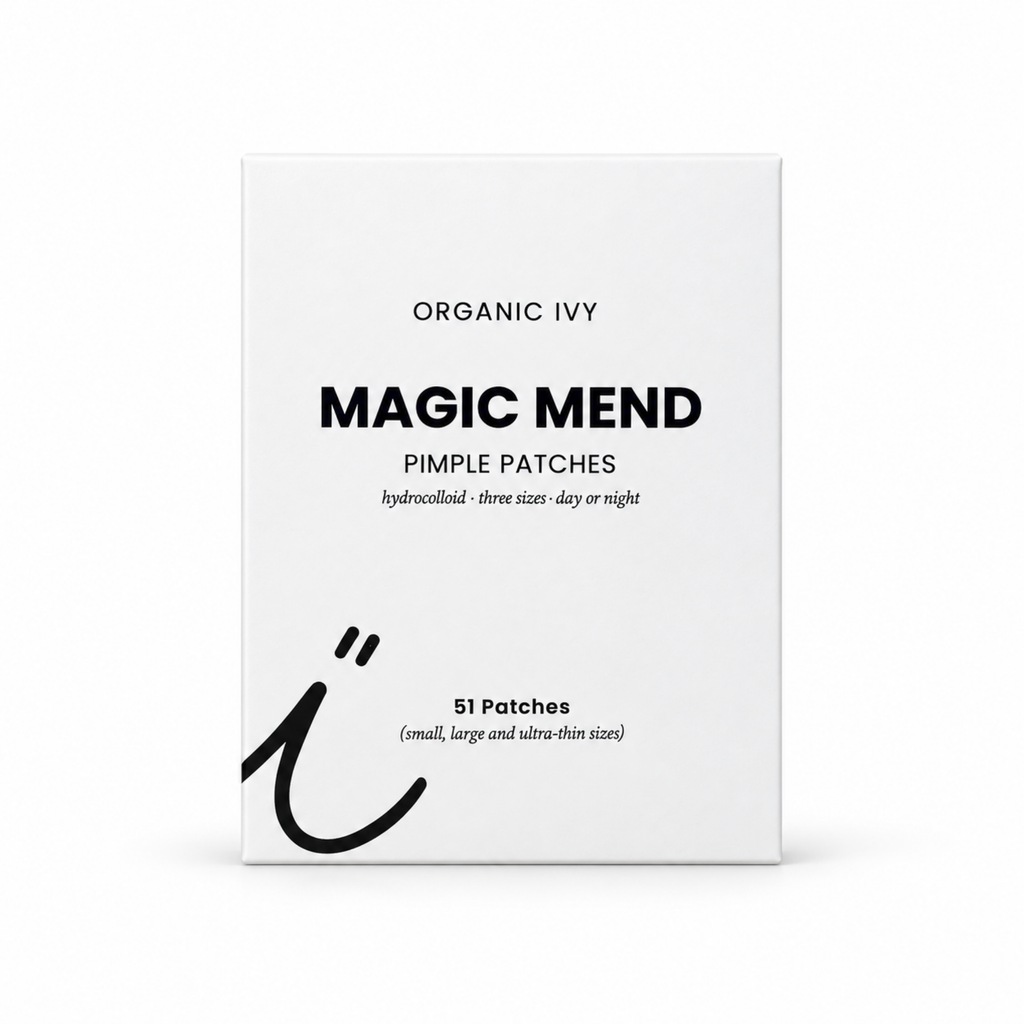 Magic Mend hydrocolloid pimple patches box by Organic Ivy, 51 patches in small, large, and ultra-thin sizes