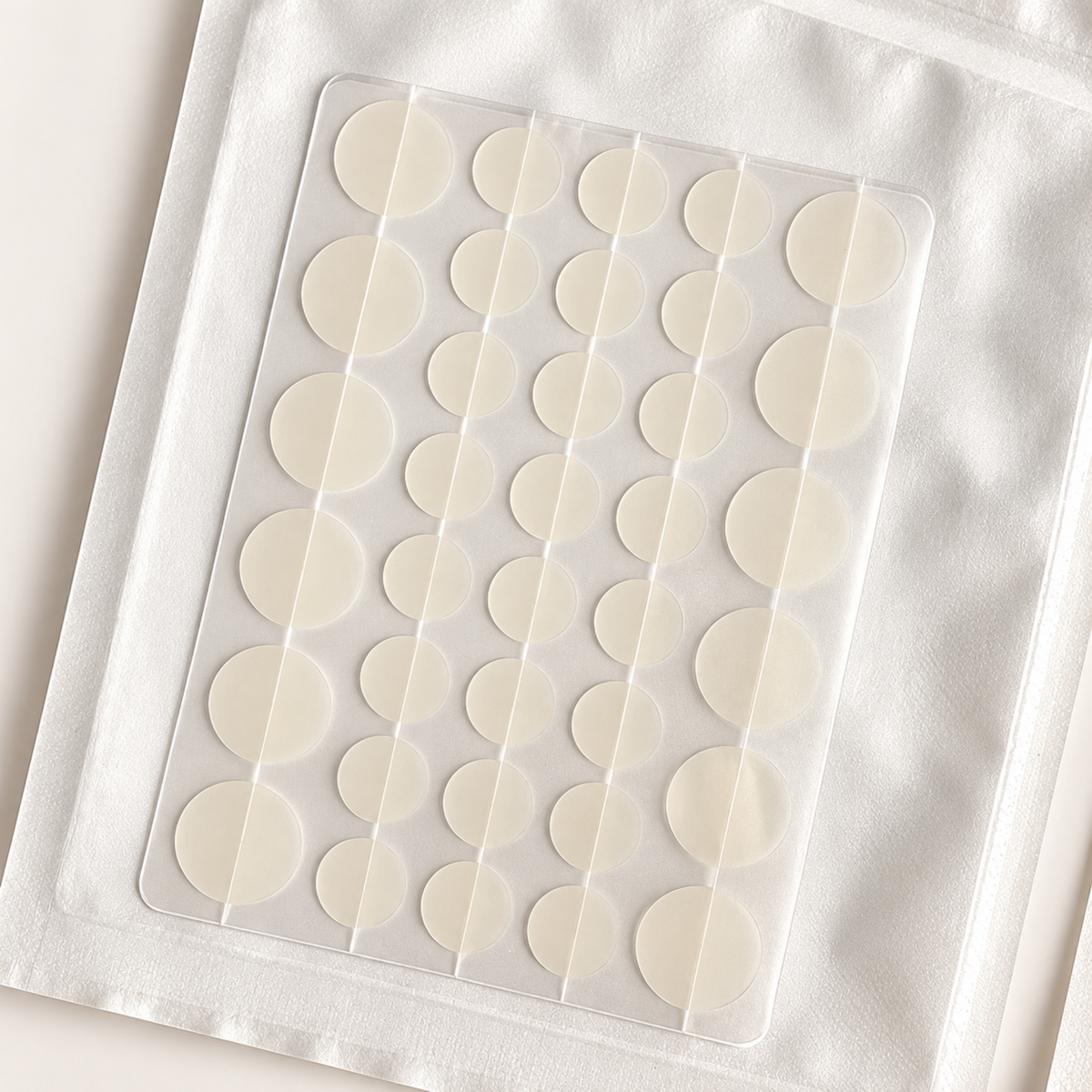 Close-up of small and large hydrocolloid pimple patches on a sheet