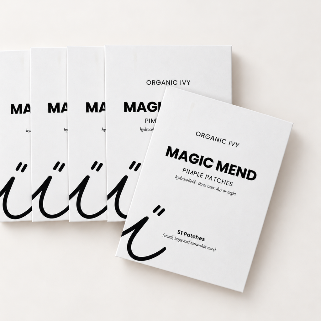 Magic Mend hydrocolloid pimple patches by Organic Ivy in a styled product photo