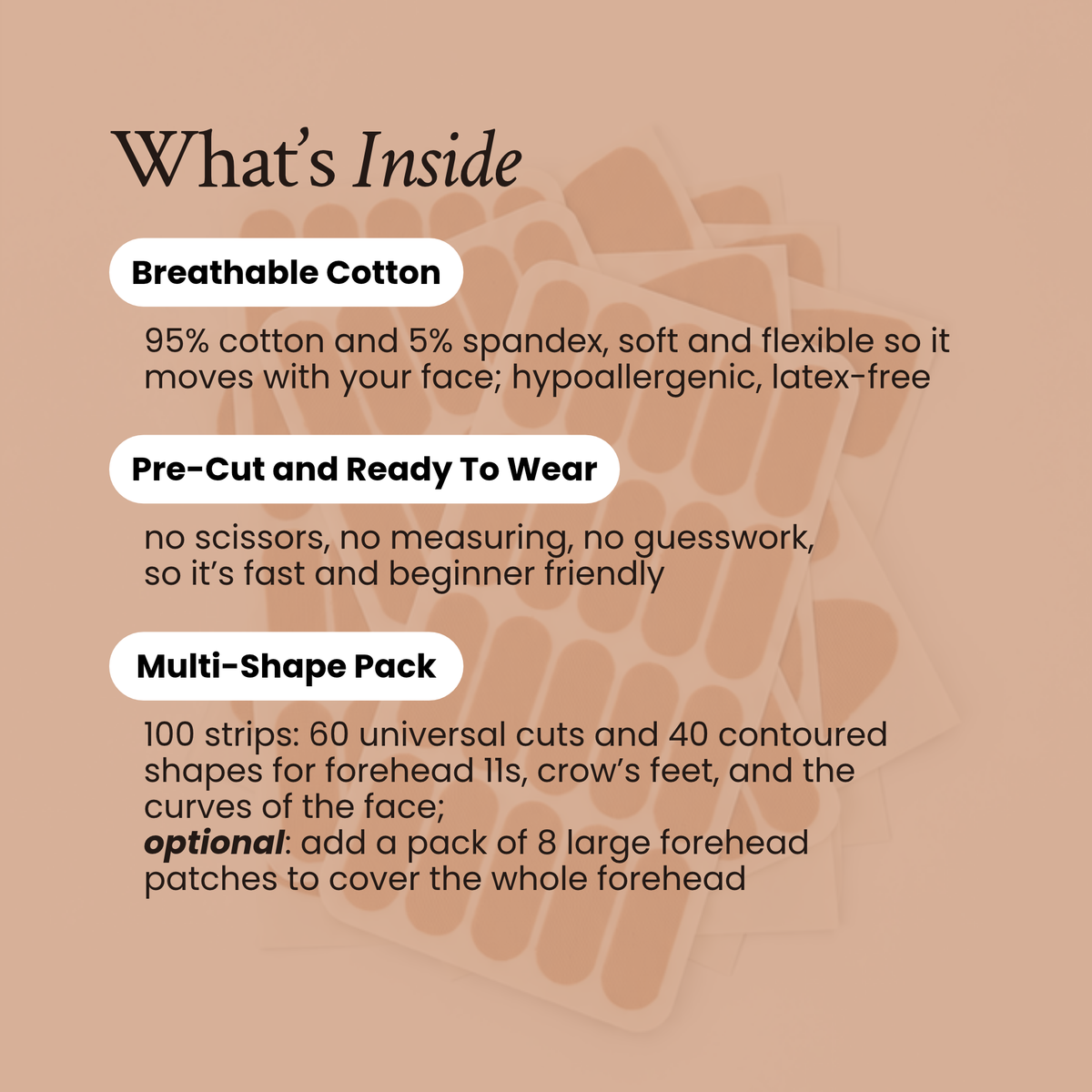 What's inside Moon Cast overnight face tape: breathable cotton, pre-cut strips, and a 100-strip multi-shape pack