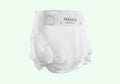 Unprinted white Parasol RashShield Size 3 diaper shown from the side with the Parasol logo on the tab