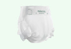 Unprinted white Parasol RashShield Size 3 diaper shown from the side with the Parasol logo on the tab