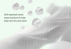 Soft white diaper topsheet with water droplets and the text “Soft topsheet wicks away moisture to help keep skin dry and clean”