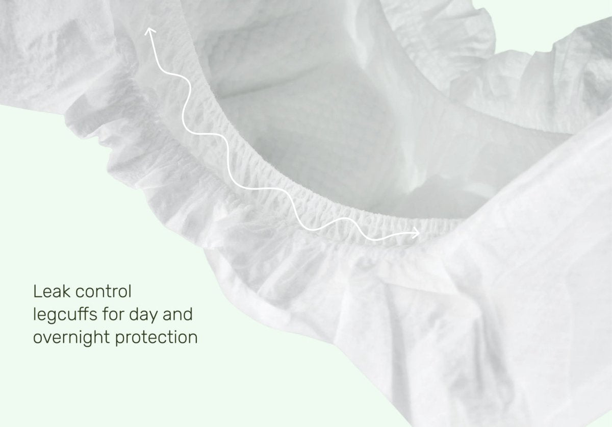 Close-up of a white diaper leg cuff and inner lining with the text “Leak control legcuffs for day and overnight protection”