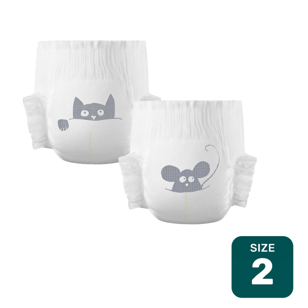 Two white Parasol Size 2 diapers, one with a gray cat print and one with a gray mouse print