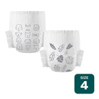 Two white Parasol Size 4 diapers, one with gray dog and cat faces and one with gray tropical leaves