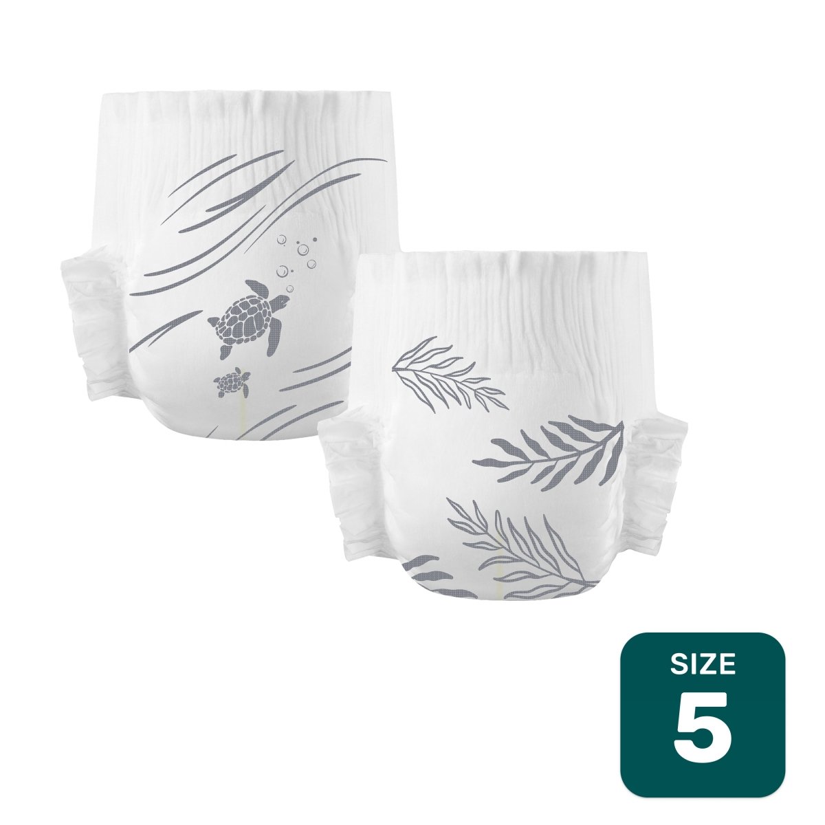 Two white Parasol Size 5 diapers, one with gray sea turtles and waves and one with gray fern leaves