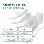 Loose white diaper layers with the text “Clean by design, gentle by nature” and a list of what the diaper is made without: chlorine, latex, parabens, alcohol, fragrances, dyes, phthalates, heavy metals