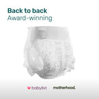 White Parasol diaper with a gray dog and cat face print, with Babylist and Motherhood award logos and the text “Back to back award-winning”