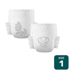 Two white Parasol Size 1 diapers, one with a gray leafy branch print and one with a gray elephant print